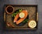 flat lay arrangement with salmon lemon. High quality photo