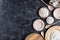 Flat lay with arrangement of wooden plates, spoons and flour