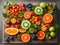 Flat-lay arrangements of colorful fruits and vegetables.