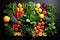 Flat lay assorted healthy fresh vegetables and greenery on a black background