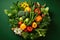 Flat lay assorted healthy fresh vegetables and greenery on a green background