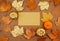 Flat lay autumn composition with fall yellow and golden leaves and pumpkins