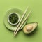 flat lay avocado with bowl greens. High quality photo