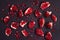 Flat Lay Background With Fresh Pomegranat Seeds Black Background Top View Toned