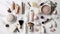 Flat Lay of beauty products on white marble background
