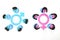 Flat lay of blue male symbol and pink female symbol side by side. Gender equality, feminine versus masculine, men vs women team.