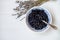 A flat lay of a blueberry bowl and flowers of lavender on a white background