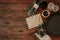 Flat lay bohemian wedding table on wooden background