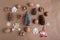 Flat lay on a brown background from figurines of decorations for Christmas