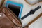 Flat lay of businessman tablet with watch and smartphone on table, top view