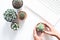 Flat lay of cactus and succulent with woman hand and laptop computer on white background, Love the earth