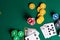 Flat lay Casino, gaming business. Chips, cards on a green table with space