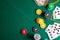 Flat lay Casino, night life, online gambling business games. Chips, cards and dollars on a green table with space