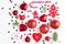 Flat lay Christmas composition with heart, branch, Christmas candy, stripes, Christmas tree, ball, angel, bell and