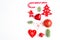 Flat lay Christmas composition with heart, branch, Christmas candy, stripes, Christmas tree, ball, angel, bell and holiday