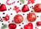 Flat lay Christmas composition with heart, branch, Christmas candy, stripes, Christmas tree, ball, angel, bell and holiday ornamen