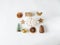 Flat lay Christmas composition - star cookie, gift, dry orange slices, mug with hot drink and marshmallows, pine cone and