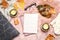 Flat lay composition with books, candles and autumn leaves