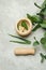 Flat lay composition with cosmetic products on grey background. Natural organic botany , Alternative herb medicine