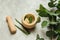 Flat lay composition with cosmetic products on grey background. Natural organic botany , Alternative herb medicine