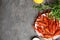 Flat lay composition with delicious boiled crayfishes on table, space for text