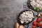 Flat lay composition with delicious cooked mushrooms on grey table