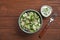 Flat lay composition with delicious fresh cucumber onion salad in bowl served
