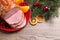 Flat lay composition with delicious ham on wooden table. Christmas dinner