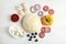 Flat lay composition with dough and ingredients for pizza