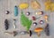 Flat lay composition of edible forest mushrooms and leaves