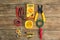 Flat lay composition with electrical tools on wooden background