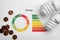 Flat lay composition with energy efficiency rating chart, coins and light bulbs on white