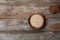 Flat lay composition with food, coins and space for text on wooden background