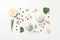 Flat lay of composition, garlic bulbs, spice, parsley, rosemary on white background, top view. Space for text