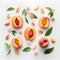 Flat lay composition with peaches and green leaves on white background