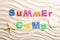 Flat lay composition with phrase SUMMER CAMP made of magnetic letters