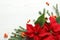 Flat lay composition with poinsettias traditional Christmas flowers and fir branches on white wooden table. Space for text