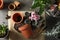 Flat lay composition with pots, home plants and gardening tools