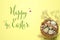 Flat lay composition with quail eggs and text Happy Easter on background