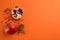 Flat lay composition with ripe pomegranates on orange. Space for text