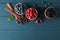 Flat lay composition with small wooden bowls with berries