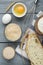 Flat lay composition with sourdough on grey wooden table