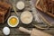 Flat lay composition with sourdough on wooden table