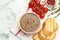 Flat lay composition with tasty liver pate on white marble table