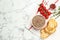 Flat lay composition with tasty liver pate on white marble table. Space for text