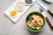 Flat lay composition with tasty shrimps and grits