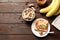 Flat lay composition with toast bread, peanut butter and bananas