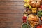 Flat lay composition with turkey on wooden background. Happy Thanksgiving day