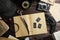 Flat lay composition with vintage detective items on wooden background