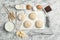 Flat lay composition with wheat dough and ingredients